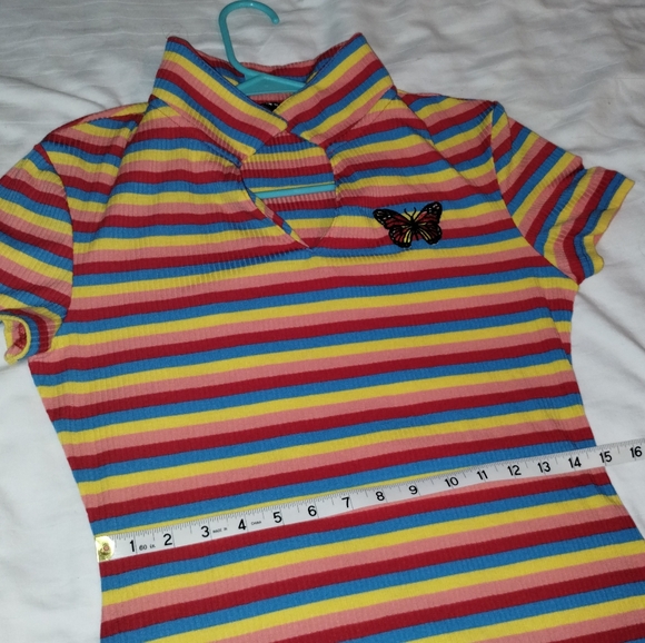Rainbow Striped Bodycon Short Sleeve Dress with Butterfly Embroidery - Picture 4 of 10